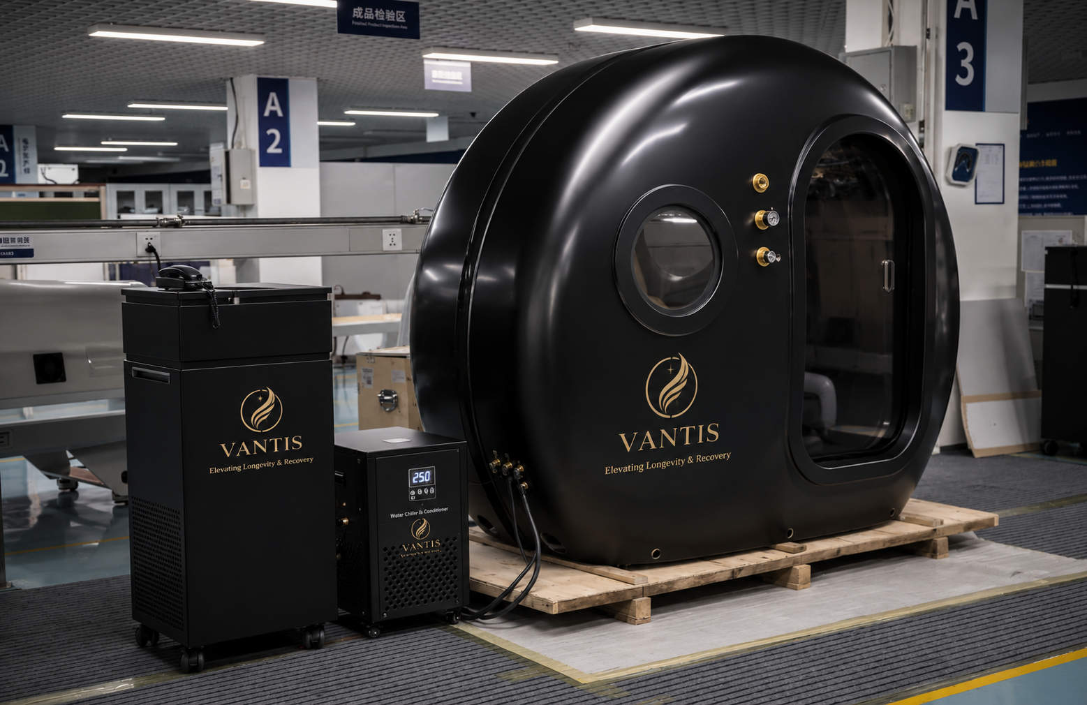 Vantis Apex 1 chamber with its matched oxygen concentrator and water chiller modules in Vantis black and gold