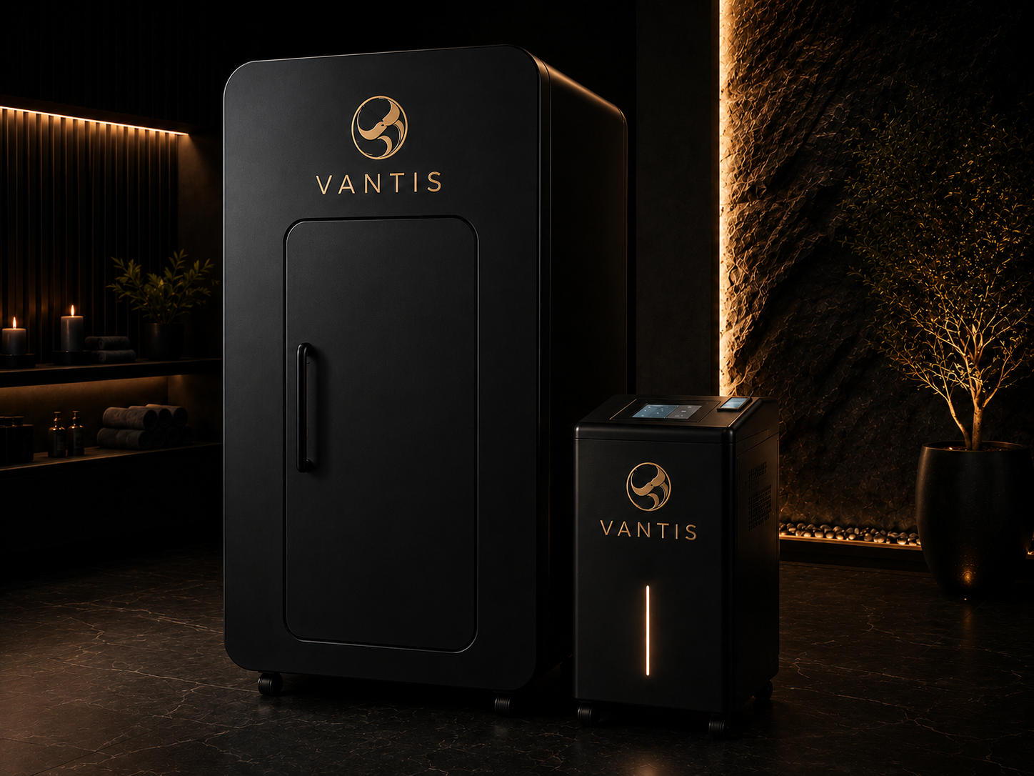 The Locker Room chamber with solid door fitted for 2.0 ATA operation, matte black booth with vertical handle and gold Vantis mark in a luxury suite