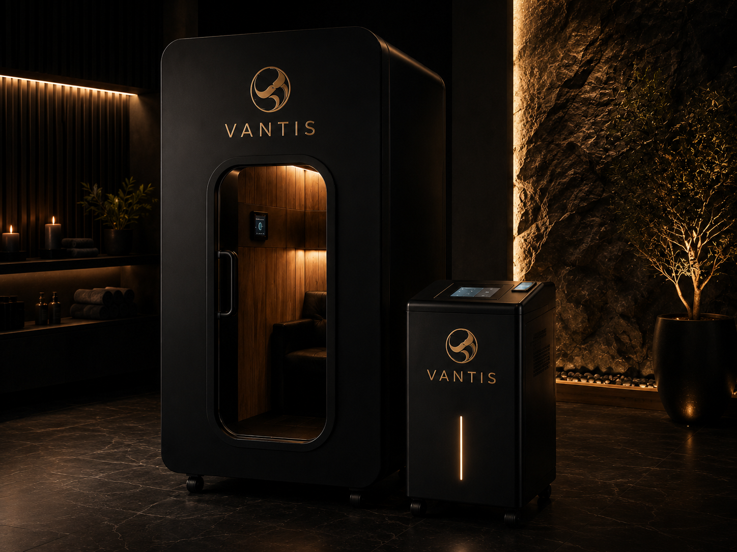 The Locker Room compact vertical hyperbaric chamber with a clear glass door in a luxury spa suite, matte black booth, gold Vantis mark, paired control console on casters