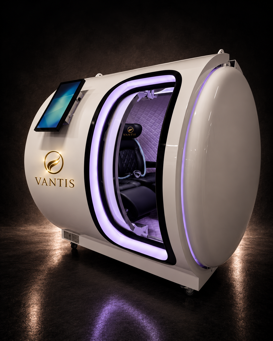 Vantis Meridian 2 with the domed door swung open, showing the lit purple cabin and reclining seat