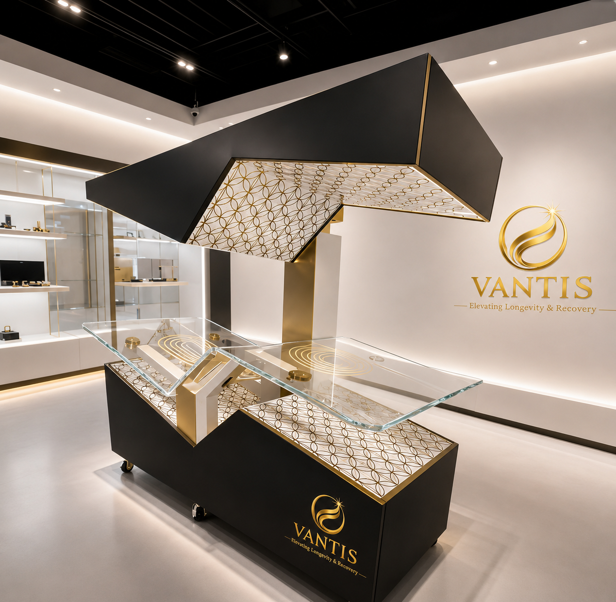 The Immortal in a Vantis showroom, canopy raised over the glass bed surface with the gold Vantis mark on the wall behind