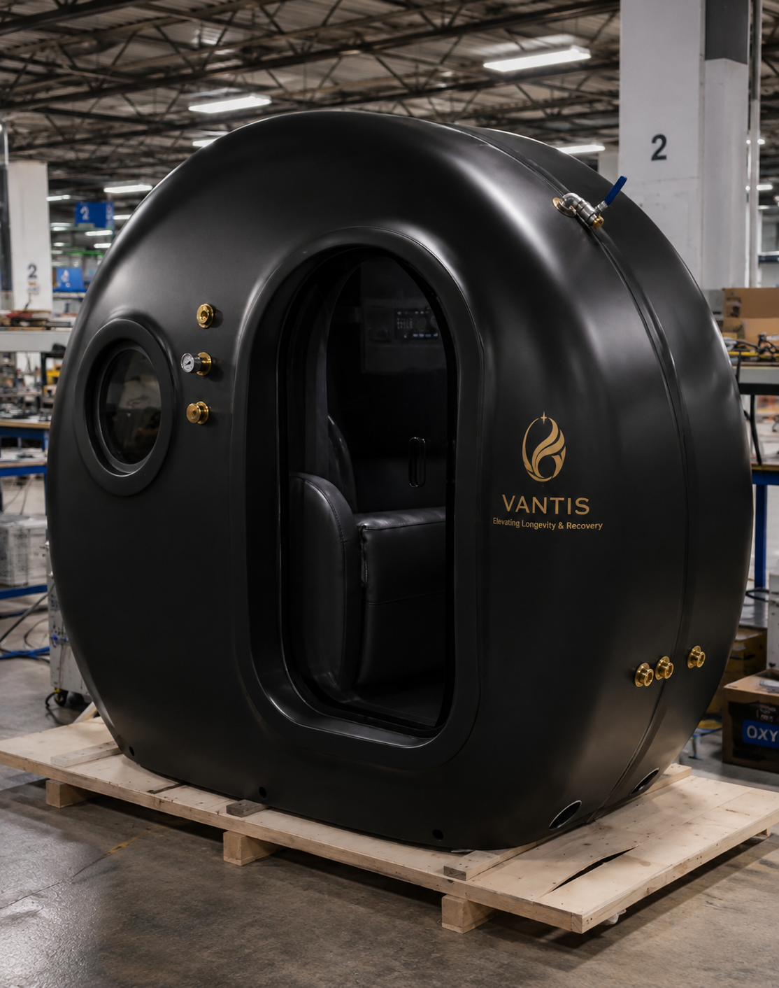 Vantis Apex 1 single-occupant hyperbaric chamber, matte black aluminum shell with brass fittings and gold Vantis mark