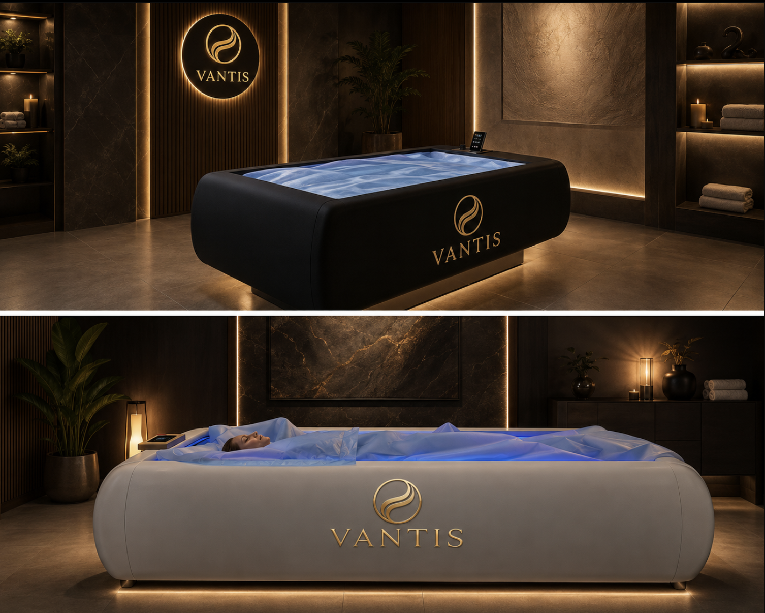 Vantis AV-CWP-1 dry floatation bed in graphite and bone finishes, membrane lit blue, gold Vantis mark on the shell