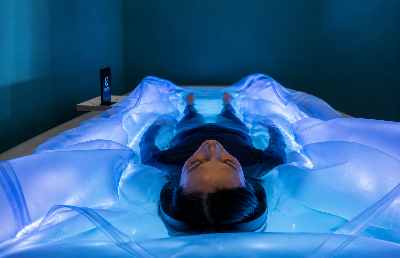 Vantis Celsius in use, occupant resting on the membrane under blanket lighting, gold Vantis mark on the control tablet
