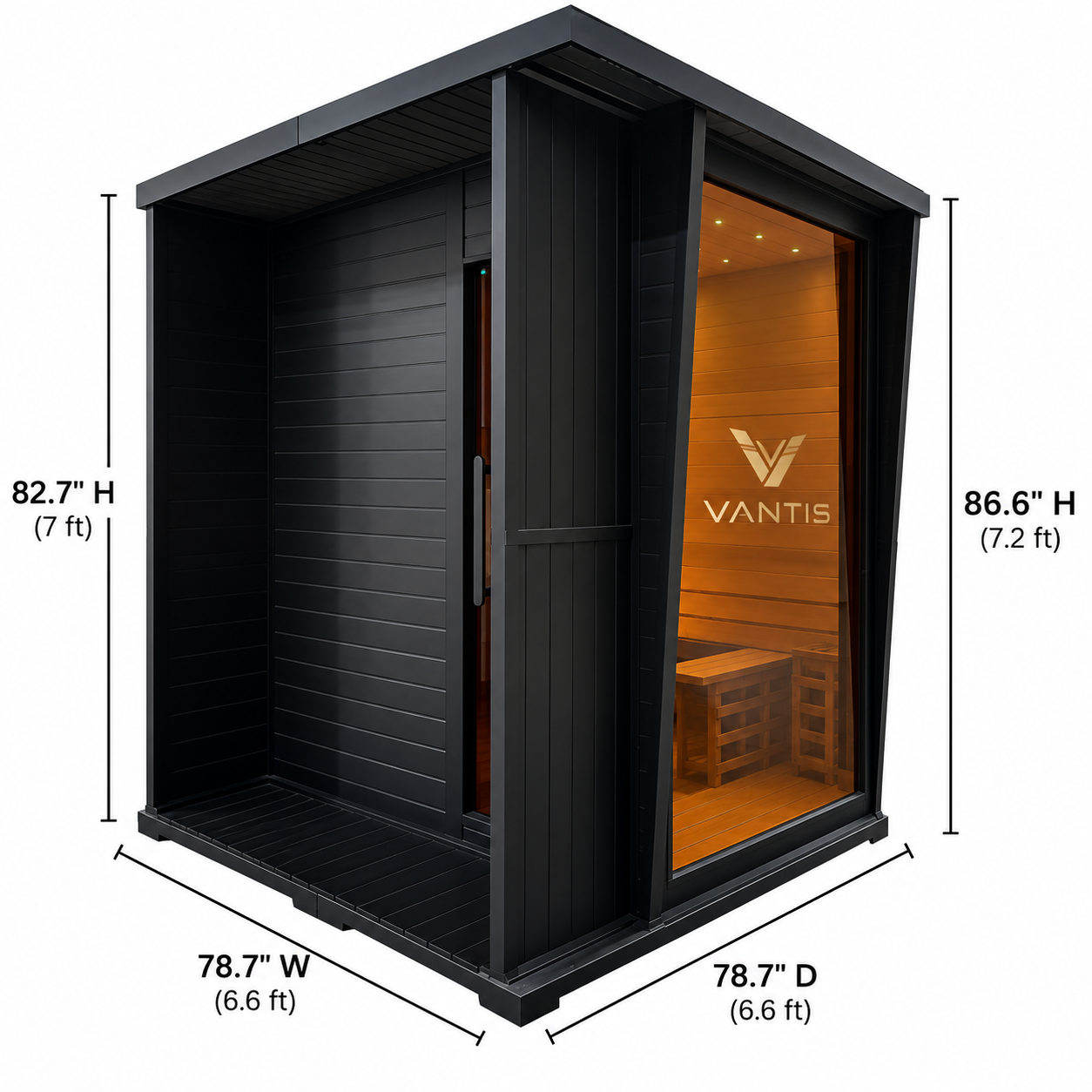 Vantis Phoenix dimensional drawing showing 78.7 inch width, 78.7 inch depth and 82.7 to 86.6 inch height