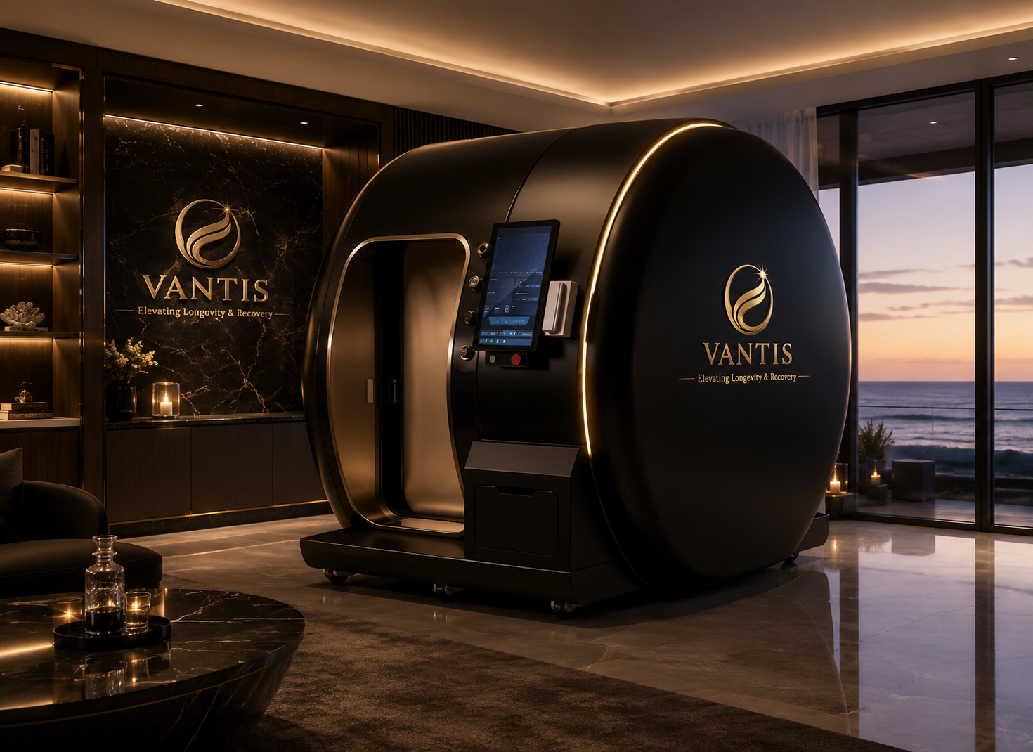 Vantis Apex 2 exterior in a residential suite, black shell with brass Vantis mark and tablet control panel