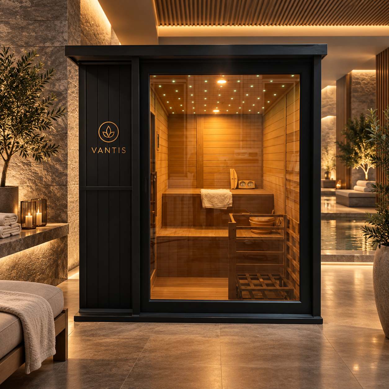 Vantis Phoenix cabin sauna installed in a low-lit spa suite, matte black shell with brass Vantis mark and a warm-lit hemlock interior behind full-height glass