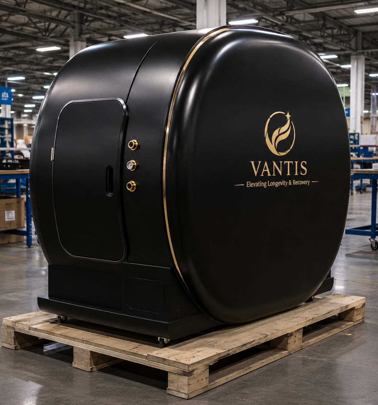 Vantis Apex 2 on a shipping pallet at the factory, matte black shell with brass trim ring and gold Vantis mark