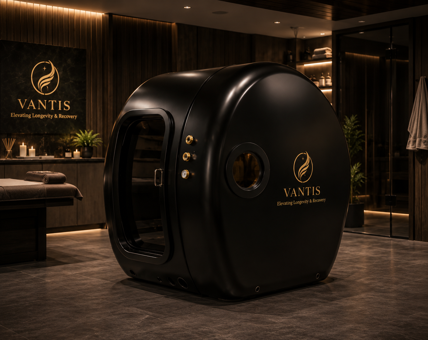 Vantis Apex 1 chamber installed in a dark wood spa suite with gold Vantis branding