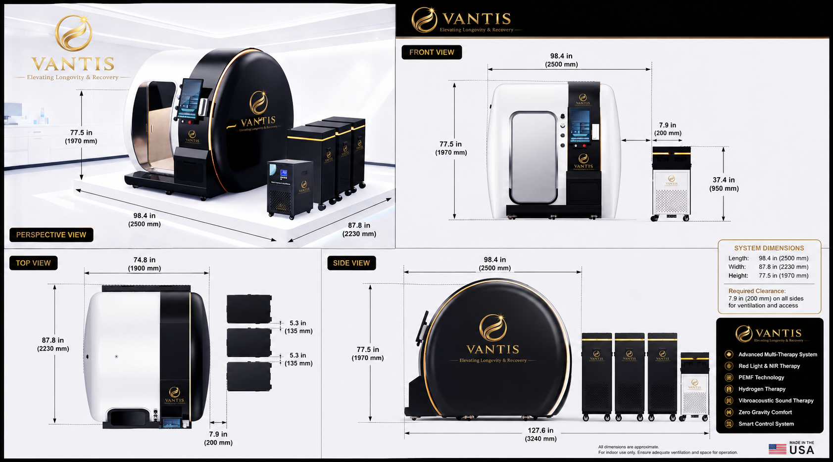 Vantis Apex 2 dimensional drawing showing front, top, side and perspective views with system dimensions