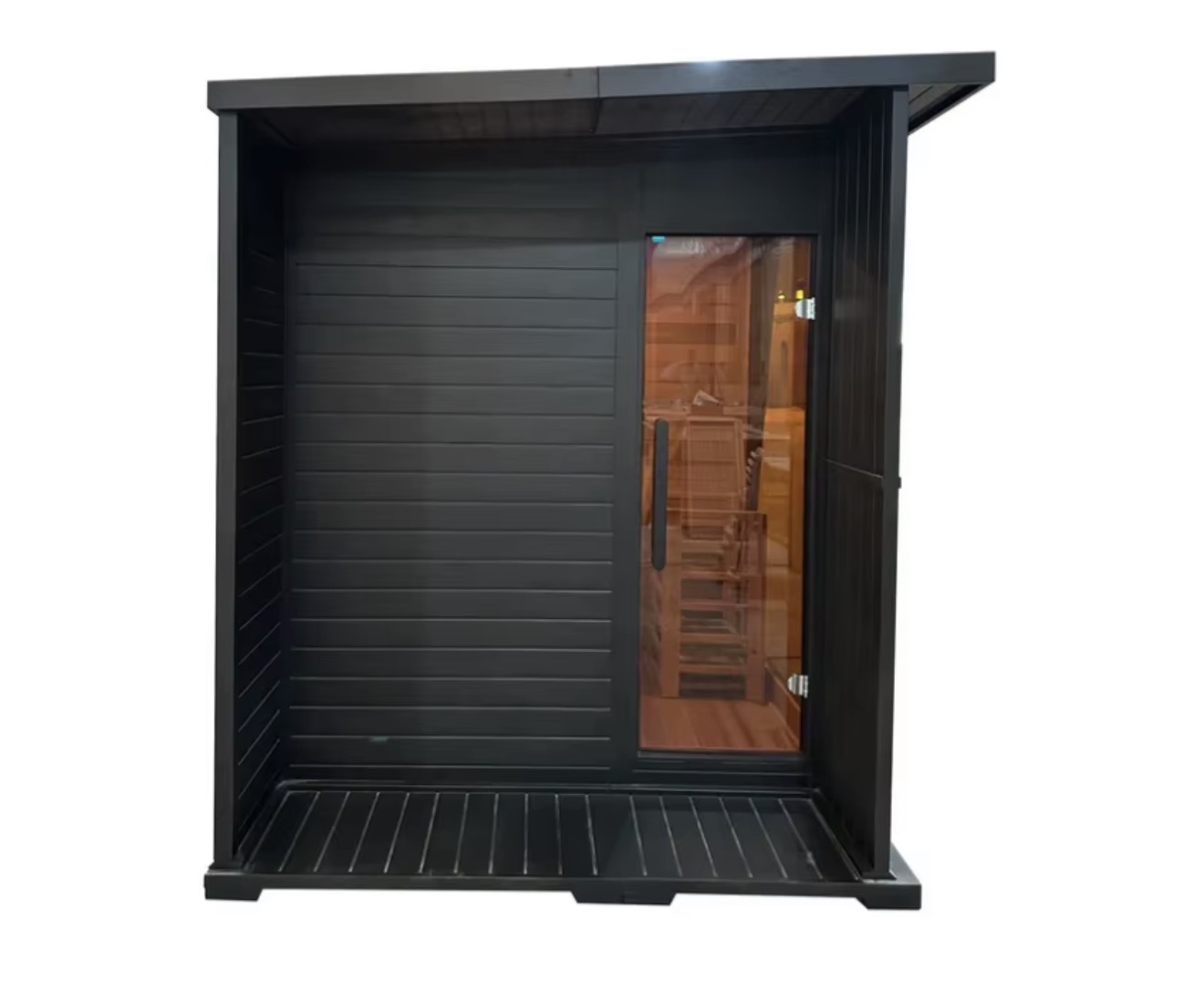 Vantis Phoenix exterior on a plain background showing the covered canopy, black cladding and glass door