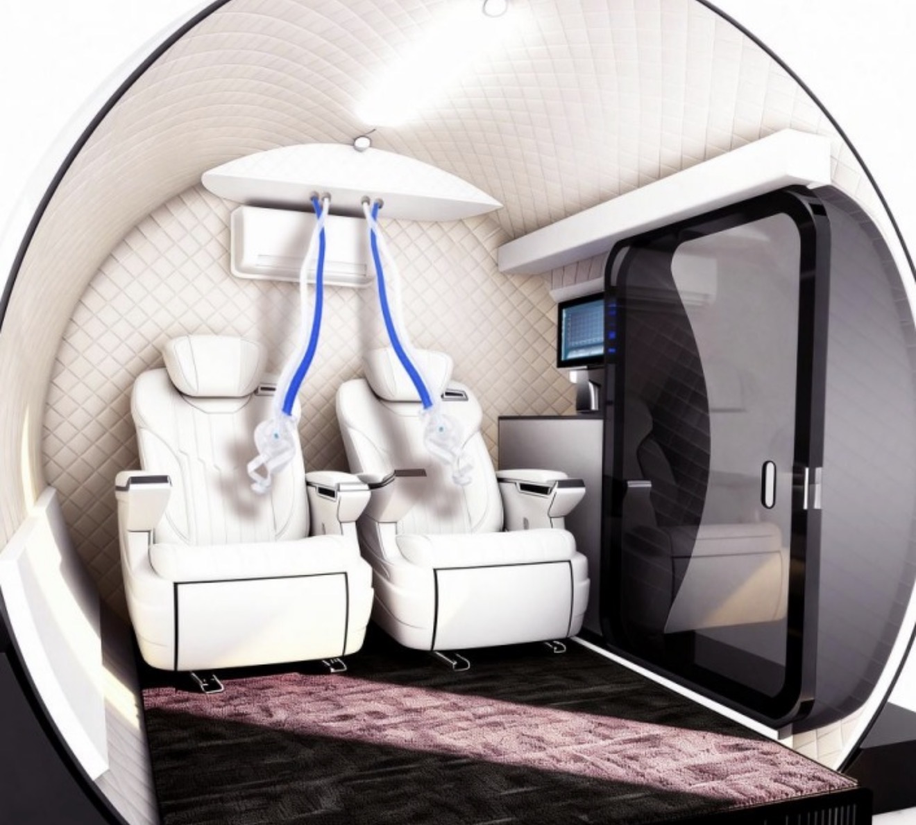 Twin reclining seats inside the Vantis Apex 2 with BIBS breathing masks suspended overhead