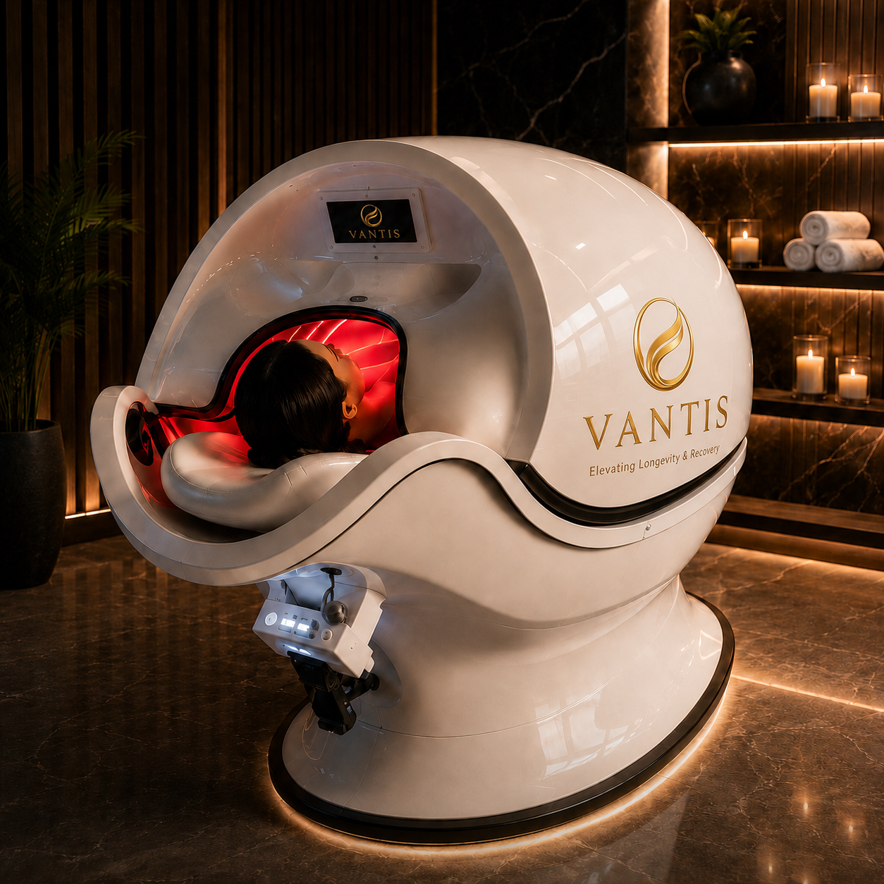 Vantis Infinity Capsule in a dark spa suite with a client reclined inside the illuminated red interior, gold Vantis mark on the shell