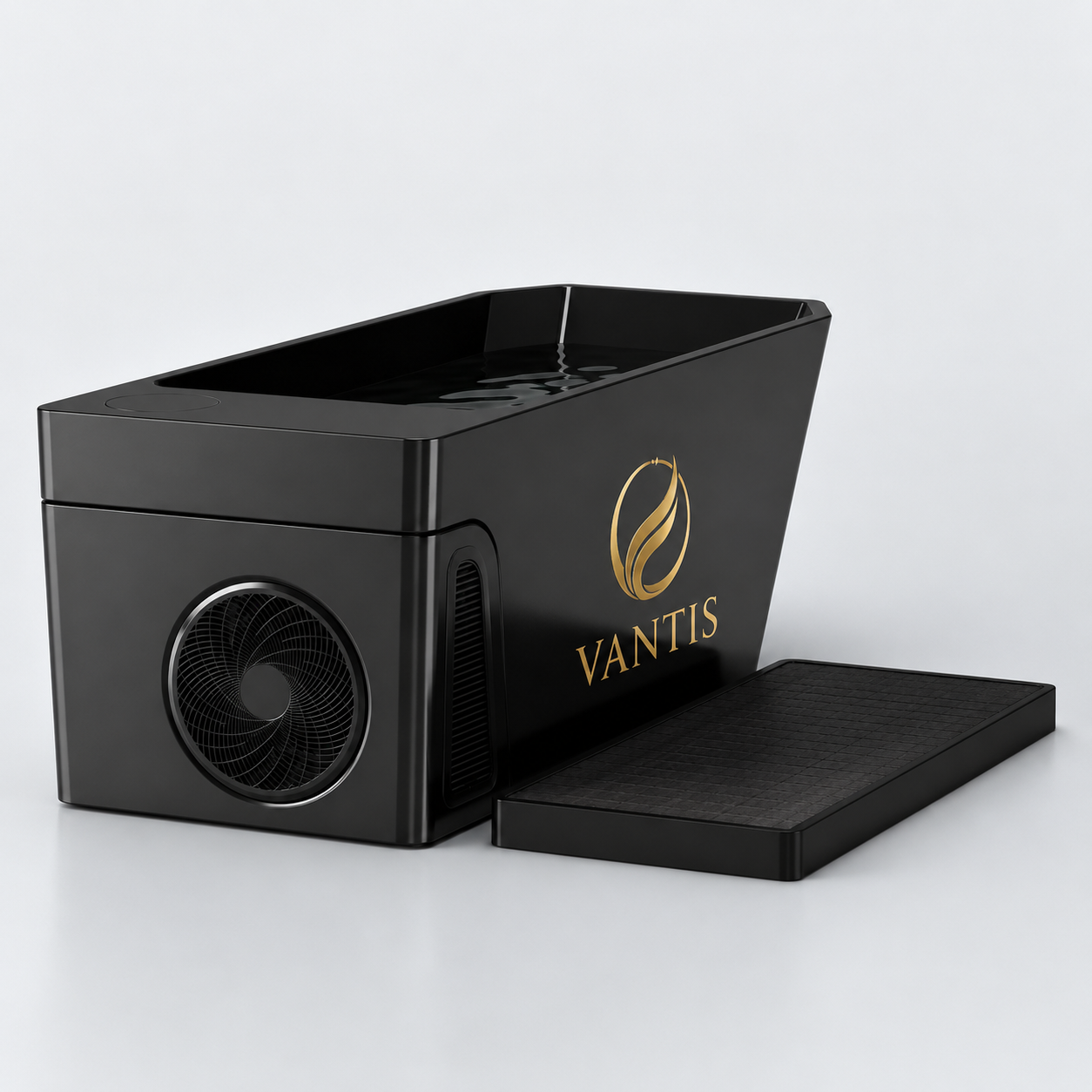 Vantis Zero cold plunge in matte black composite with gold Vantis mark, insulated cover set alongside